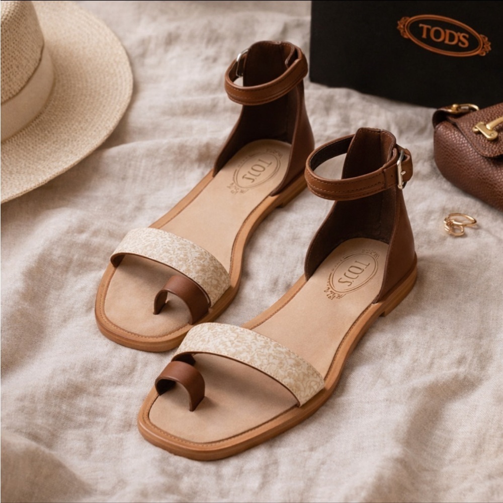 Tod’s Italian Leather Ankle Strap Toe Loop Sandals Brown Cream Quiet Luxury